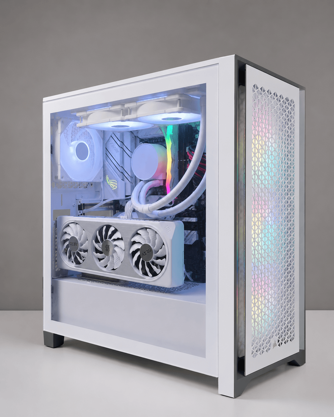 White Corsair 4000D Airflow PC with white RTX 4060 AERO OC, white liquid cooler, white fans, and subtle RGB lighting